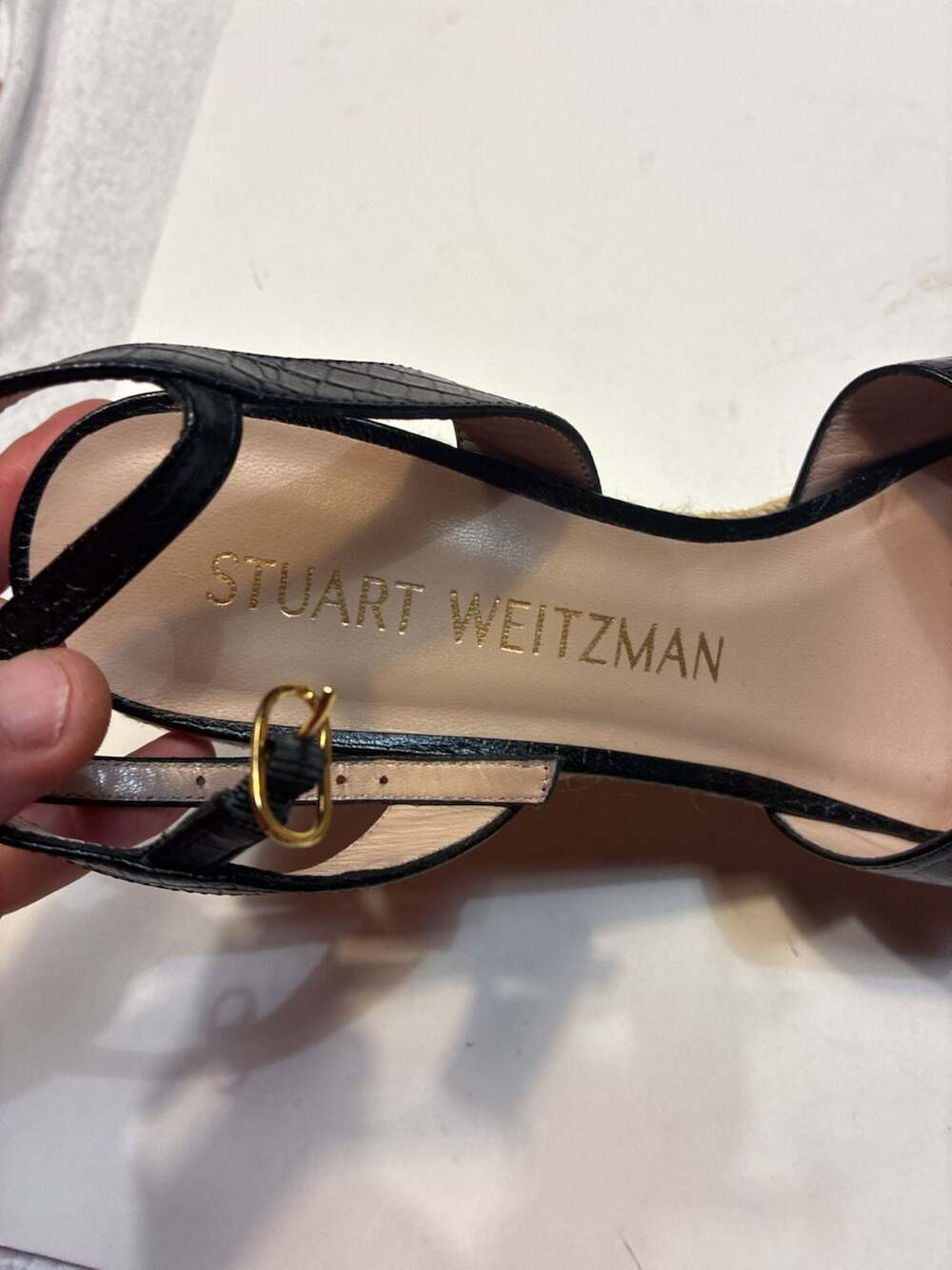 Stuart Weitzman Dayna Black Croc-Embossed Leather Espadrille Wedge Sandals - Picture 2 of 12